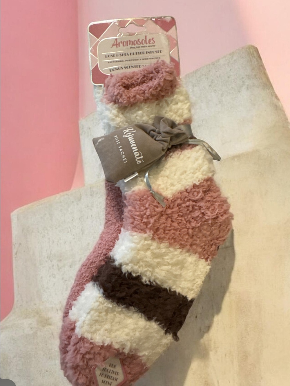 Plush Striped Cozy Sock - Pink, White & Brown